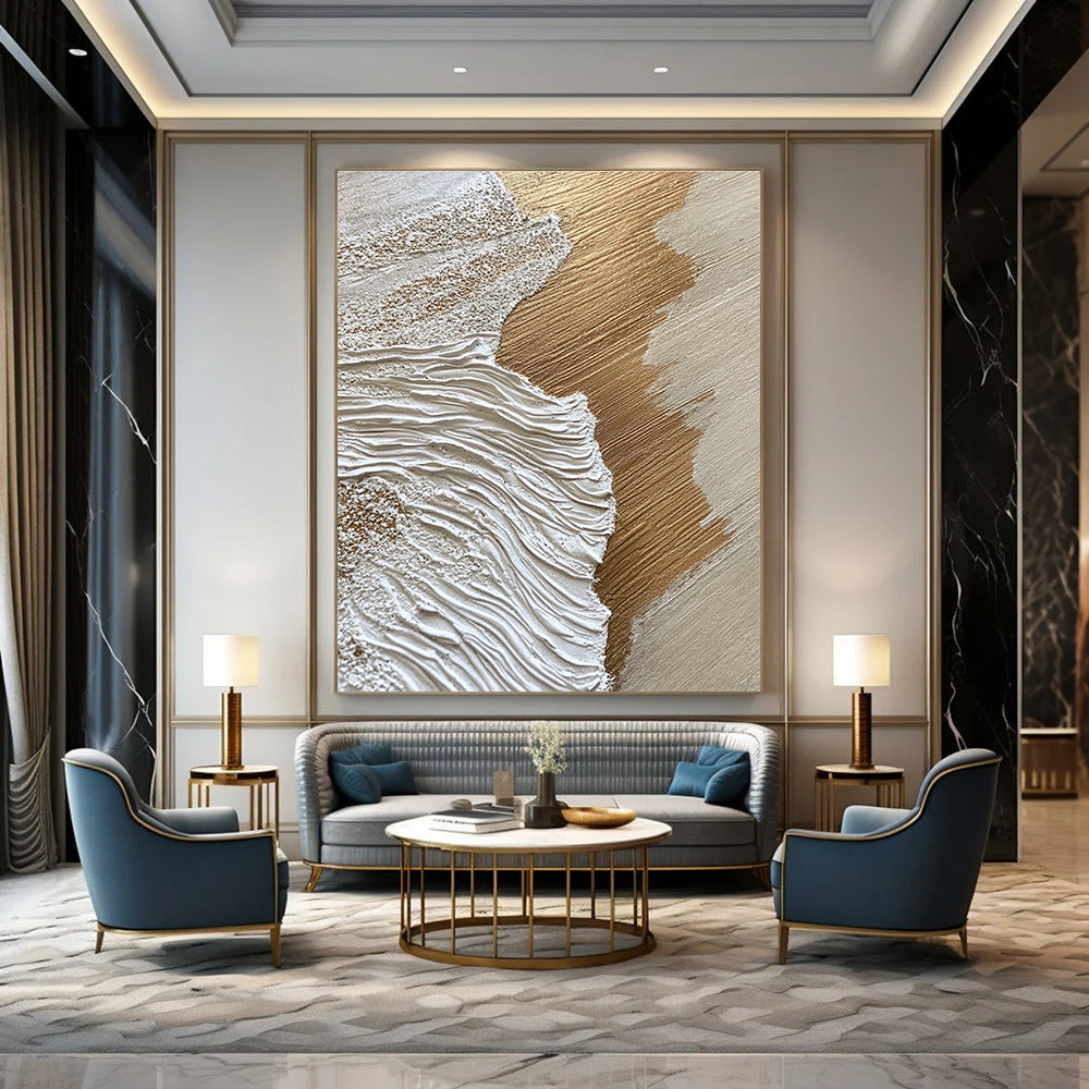 Gold and White Textured Waves Abstract Painting with Luxurious Vibes GAB0069