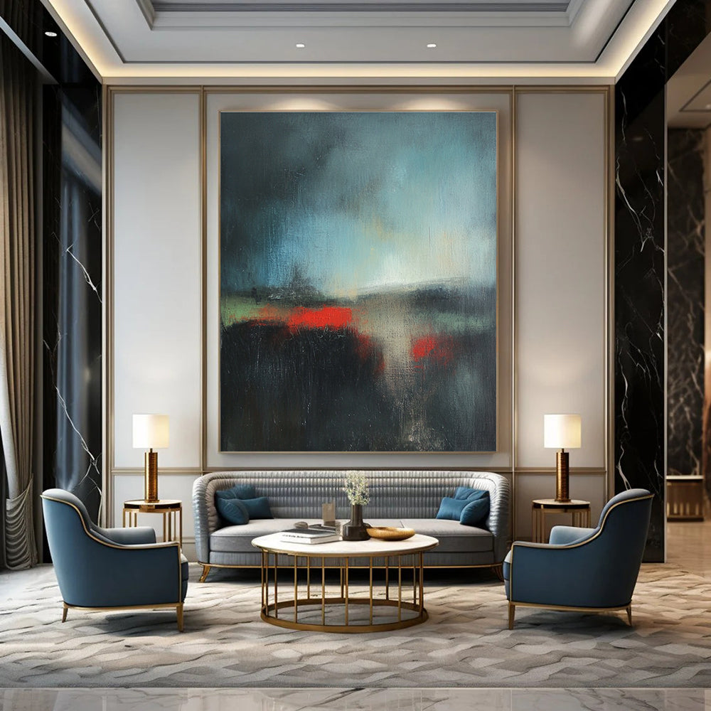 Dark Abstract Landscape with Red Accents Painting for Dramatic Home Theaters GAB1166