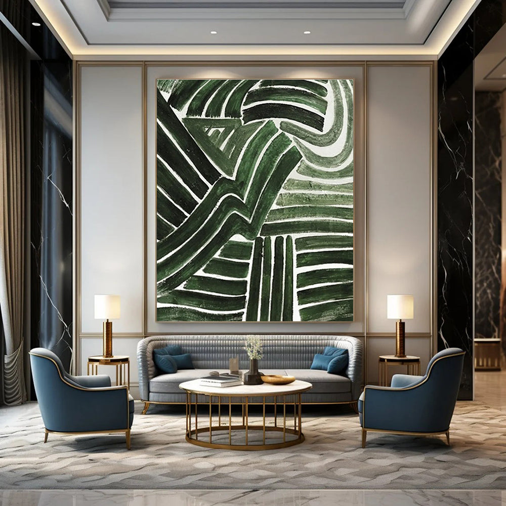 Green Curved Lines Abstract Painting for Nature - Inspired Cafes HENG492