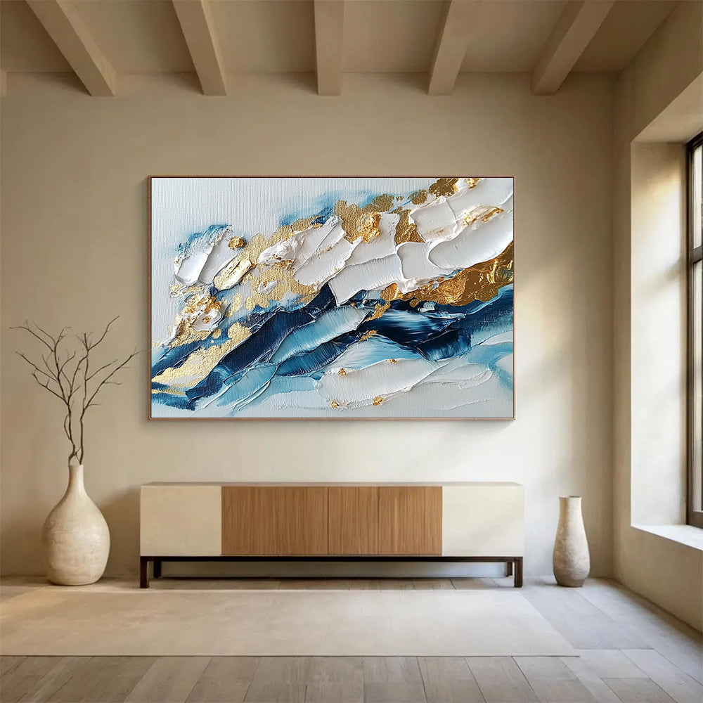 Blue - White - Gold Abstract Painting with Textured Impasto ABS260