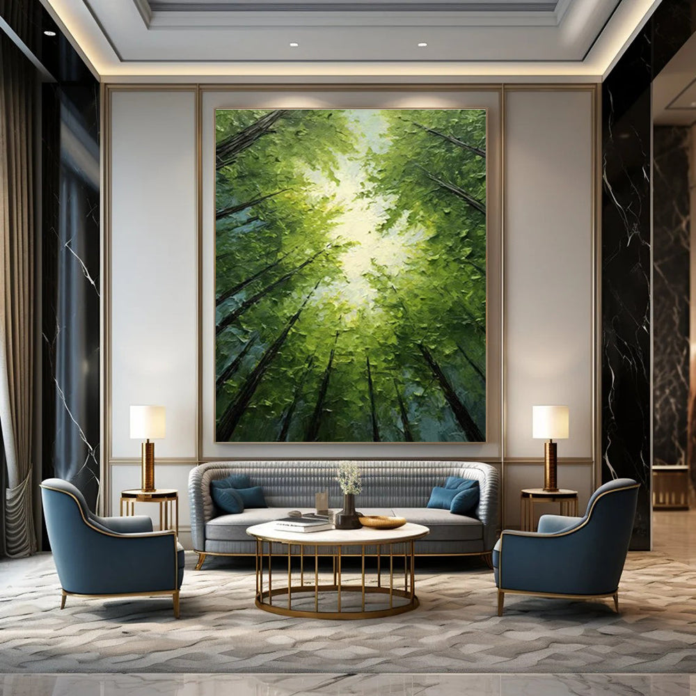 Serene Sunlit Forest Canopy Abstract Painting for Peaceful Spaces HENG266