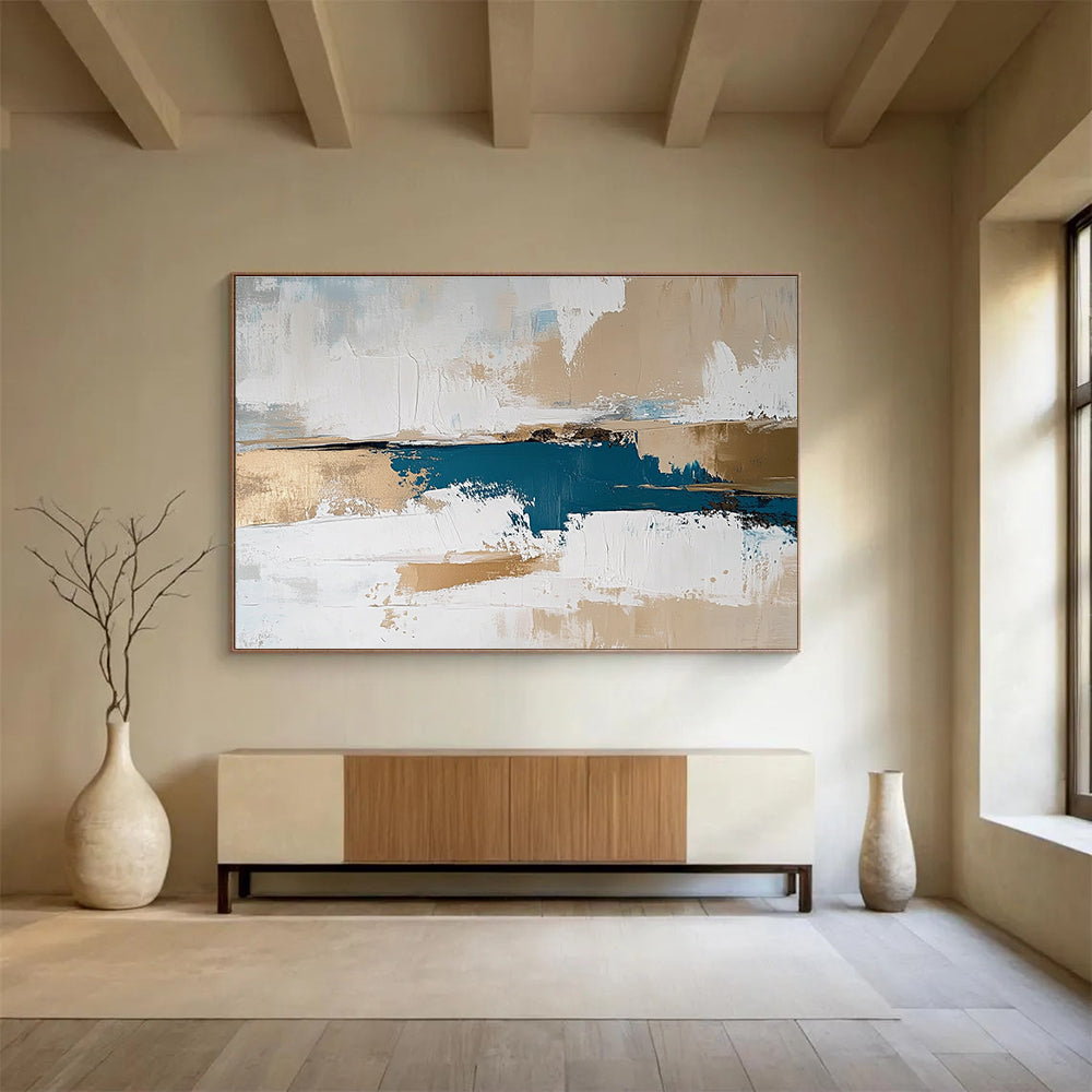 Blue, Gold, and White Abstract Painting with Layered Textural Elegance ABS471
