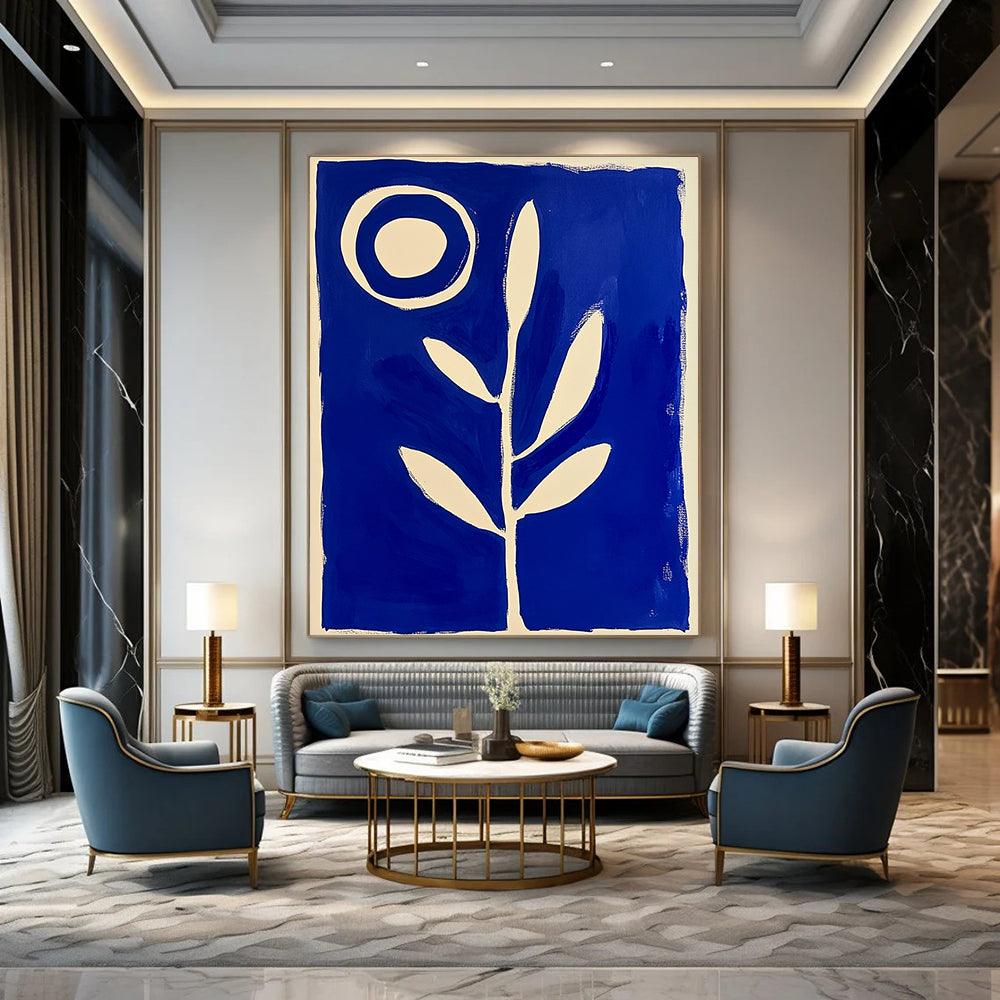 Blue and White Plant with Circle Abstract Painting GAB0040