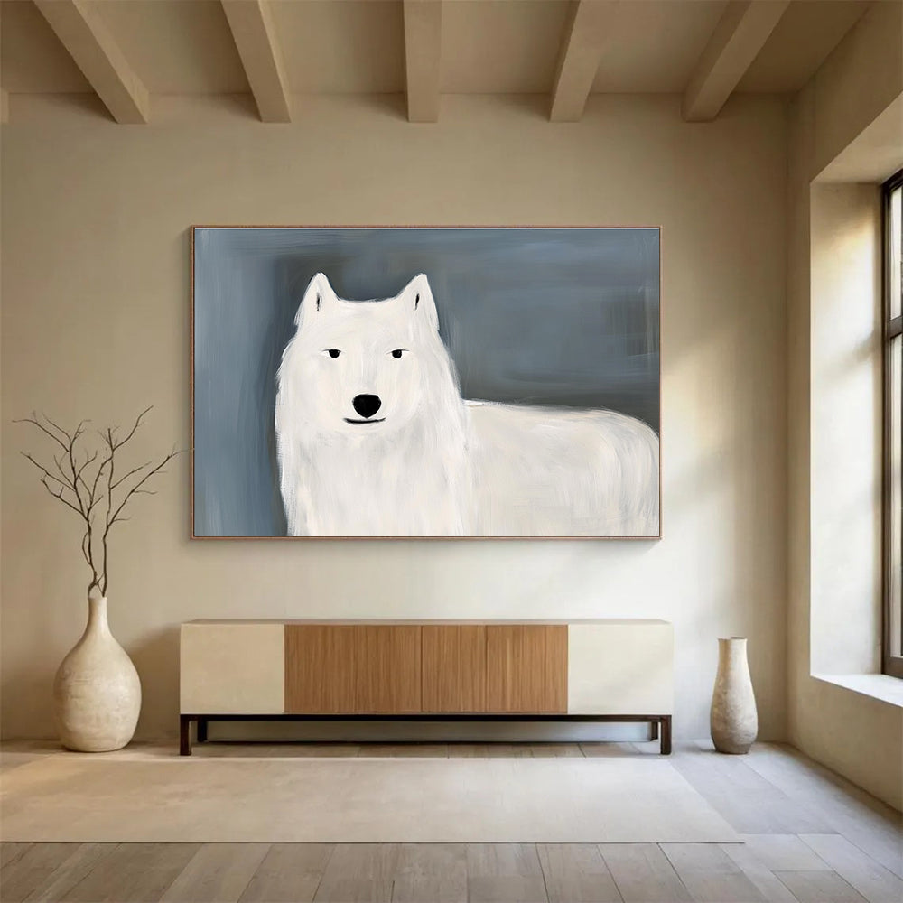 Minimalist White Wolf: Gentle Presence in Simple Shapes Abstract Painting ABS163