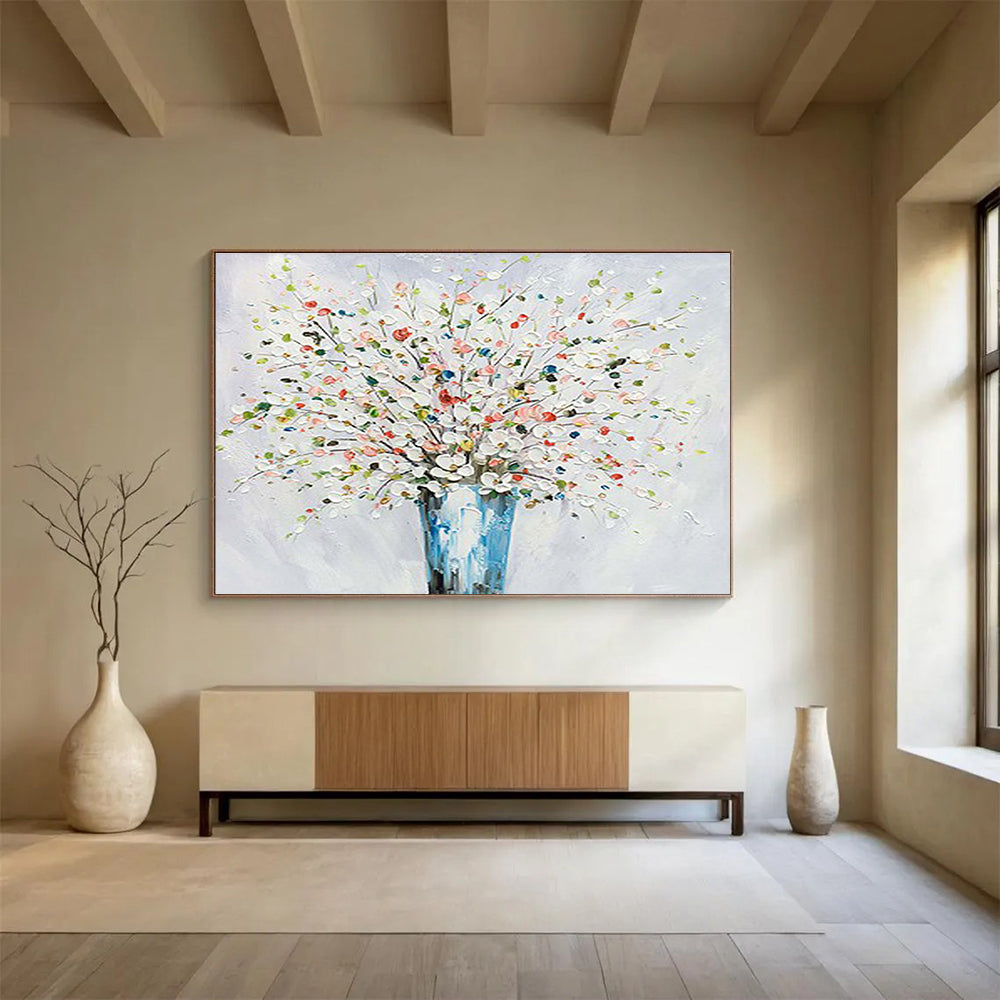 White Flower Vase Abstract Painting for Elegant Living Spaces YHT220