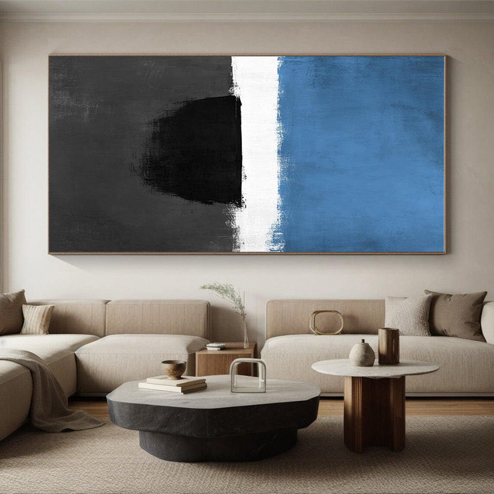 Blue Black and White Abstract Painting with Bold Contrasts WINK848