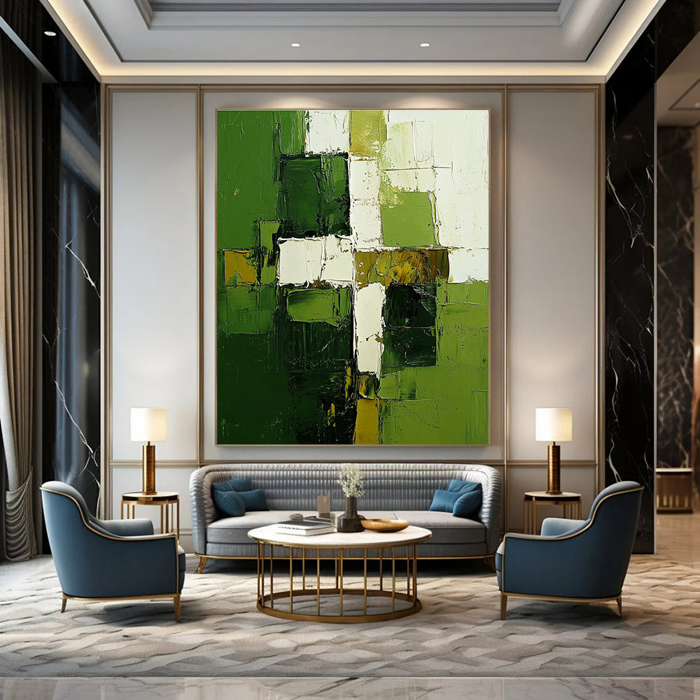 Green White Geometry Abstract Painting for Contemporary Galleries GAB0769