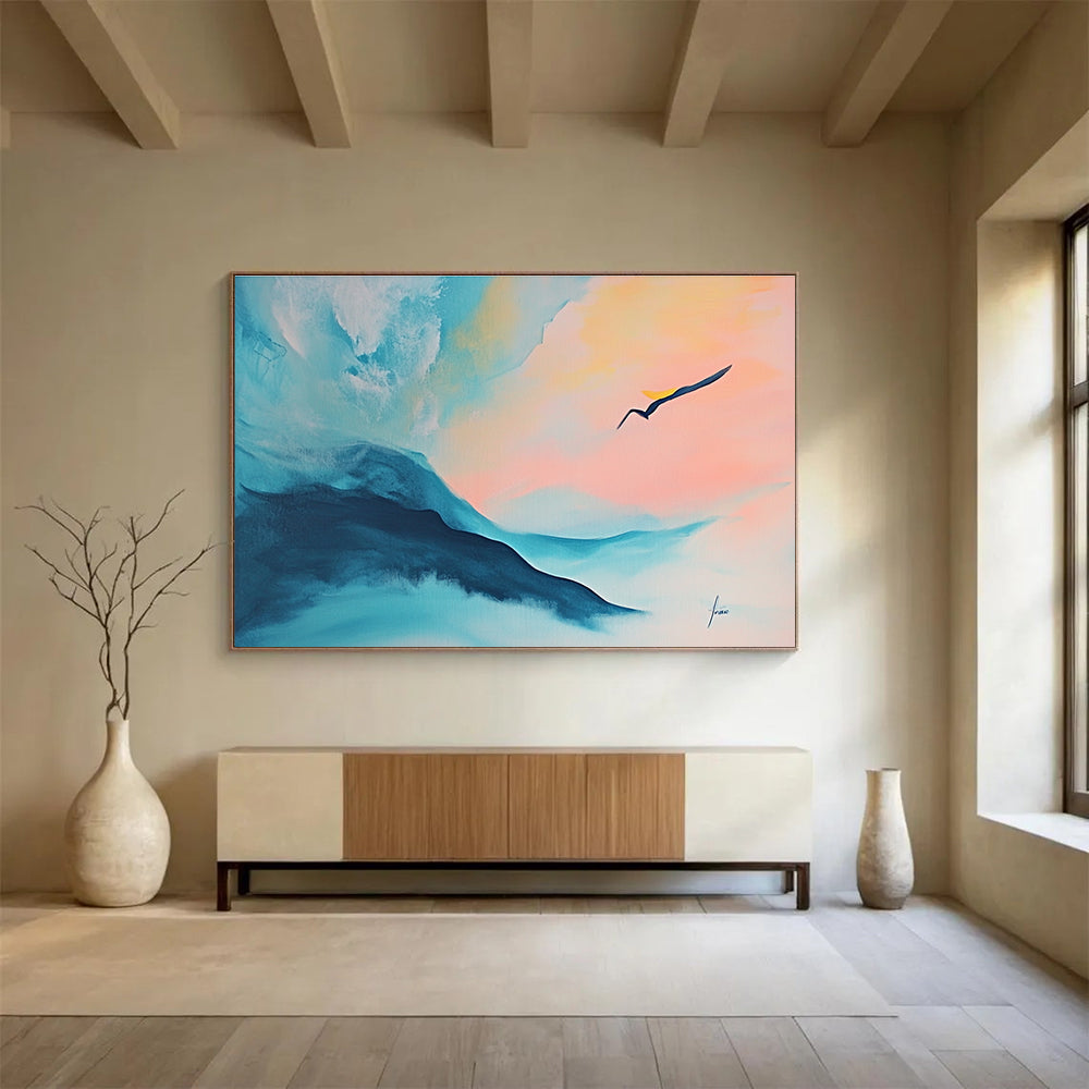Pastel Mountain - Bird Landscape Art Evoking Ethereal Beauty and Gentle Motion Abstract Painting ABS145