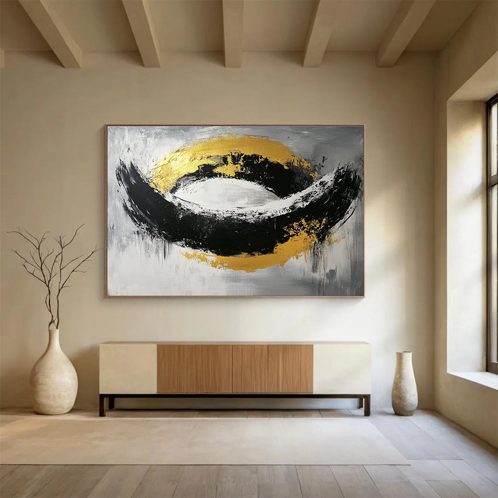 Black, White, and Gold Abstract Painting with Bold Shapes ABS296