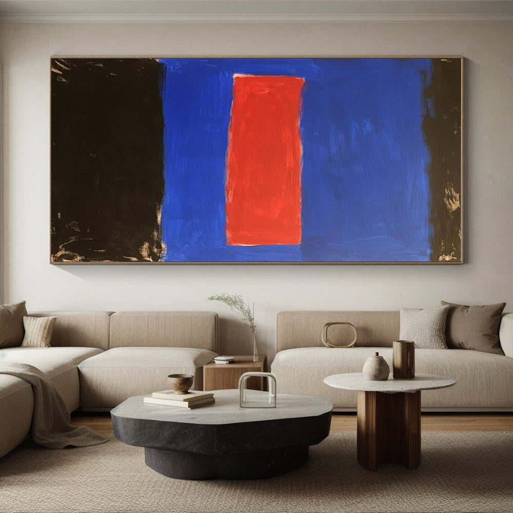 Blue with Red and Black Bands Abstract Painting with Bold Color Blocking WINK028