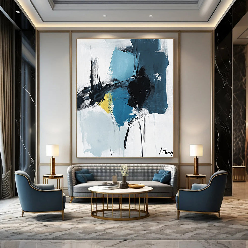Bold Blue and Black Strokes Abstract Painting of Energetic Expression GAB0205