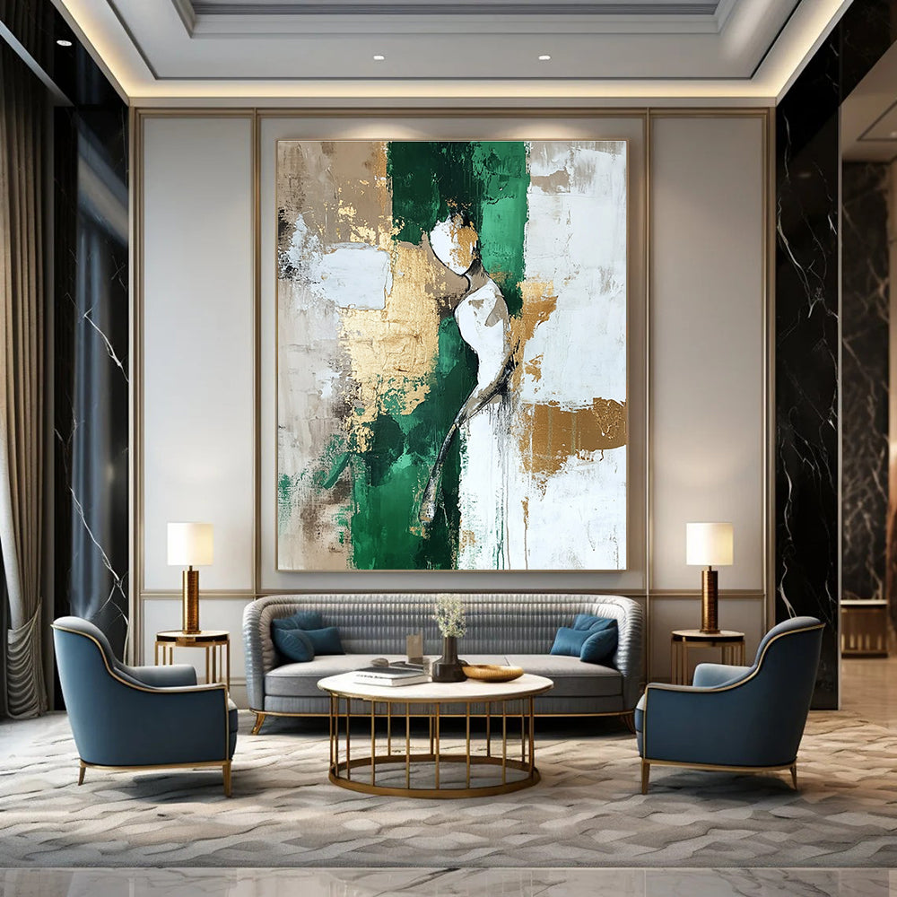 Abstract Figure Painting with Green and Gold Accents GAB0675