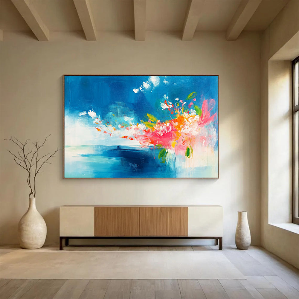 Blue Sky and Colorful Flowers Abstract Painting with Expressive Brushwork ABS394