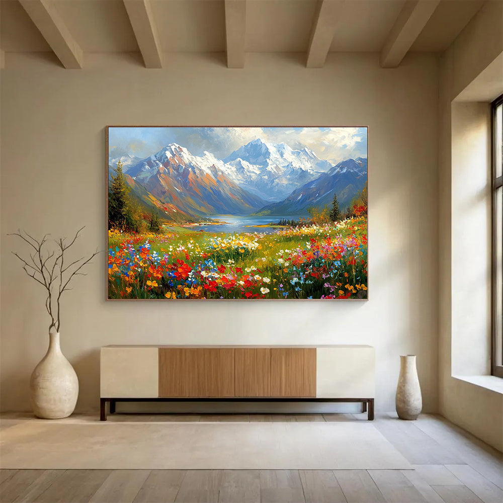 Colorful Mountain Lake Meadow Painting with Vibrant Natural Beauty ABS577