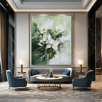 White Flowers on Green Abstract Painting for Elegant Tea Rooms GAB0830