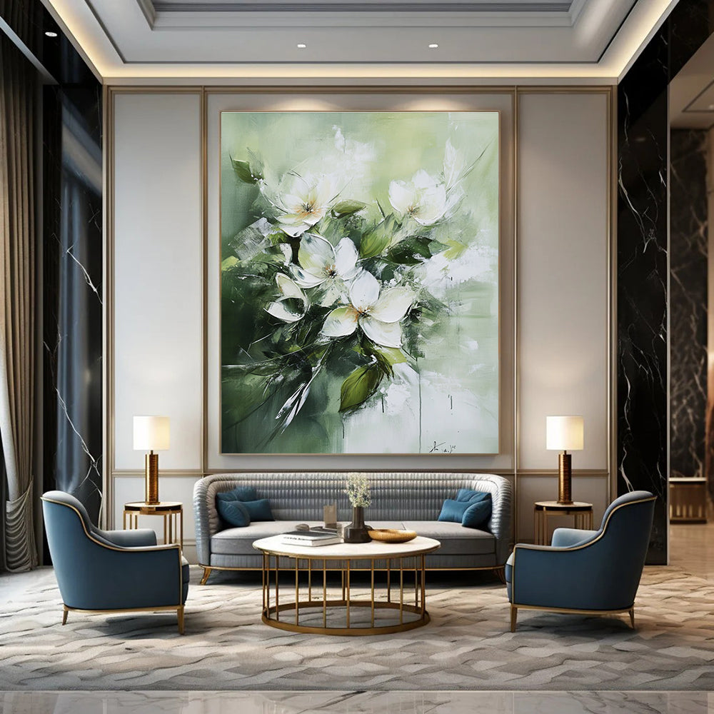 White Flowers on Green Abstract Painting for Elegant Tea Rooms GAB0830