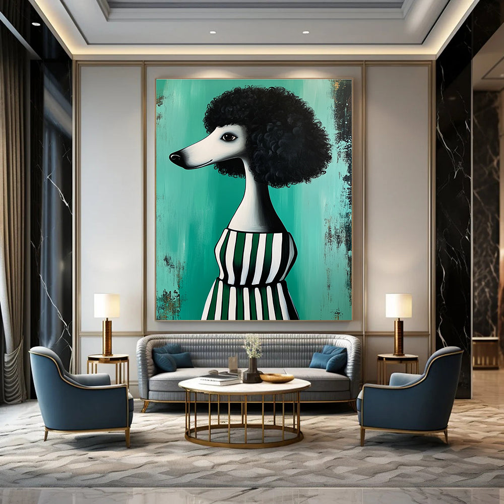 Poodle in Striped Dress Abstract Painting of Quirky Fashion GAB0133