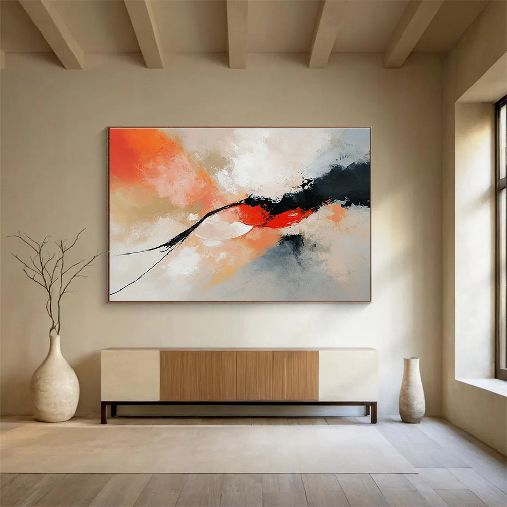Orange and Black Abstract Painting with Dynamic Forms ABS424
