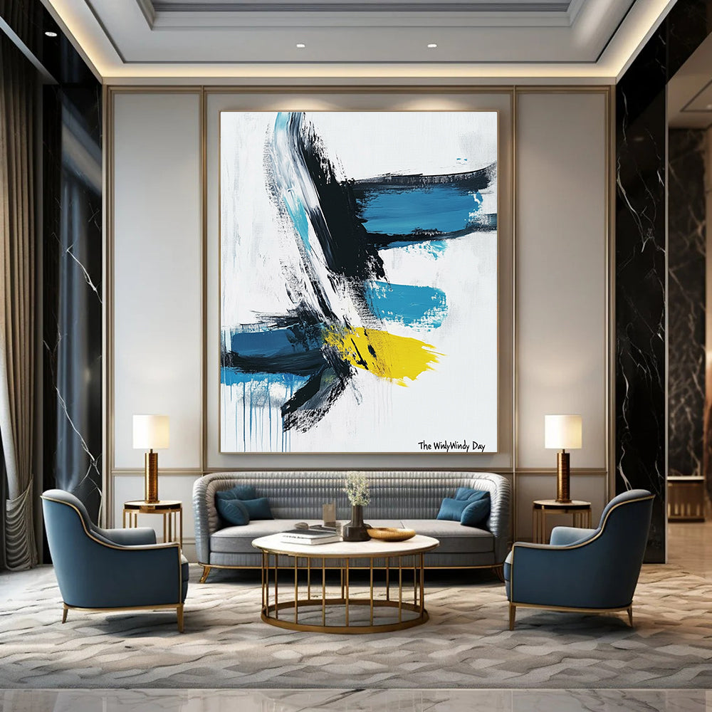 Dynamic Blue and Yellow Abstract Painting of Vivid Motion GAB0206