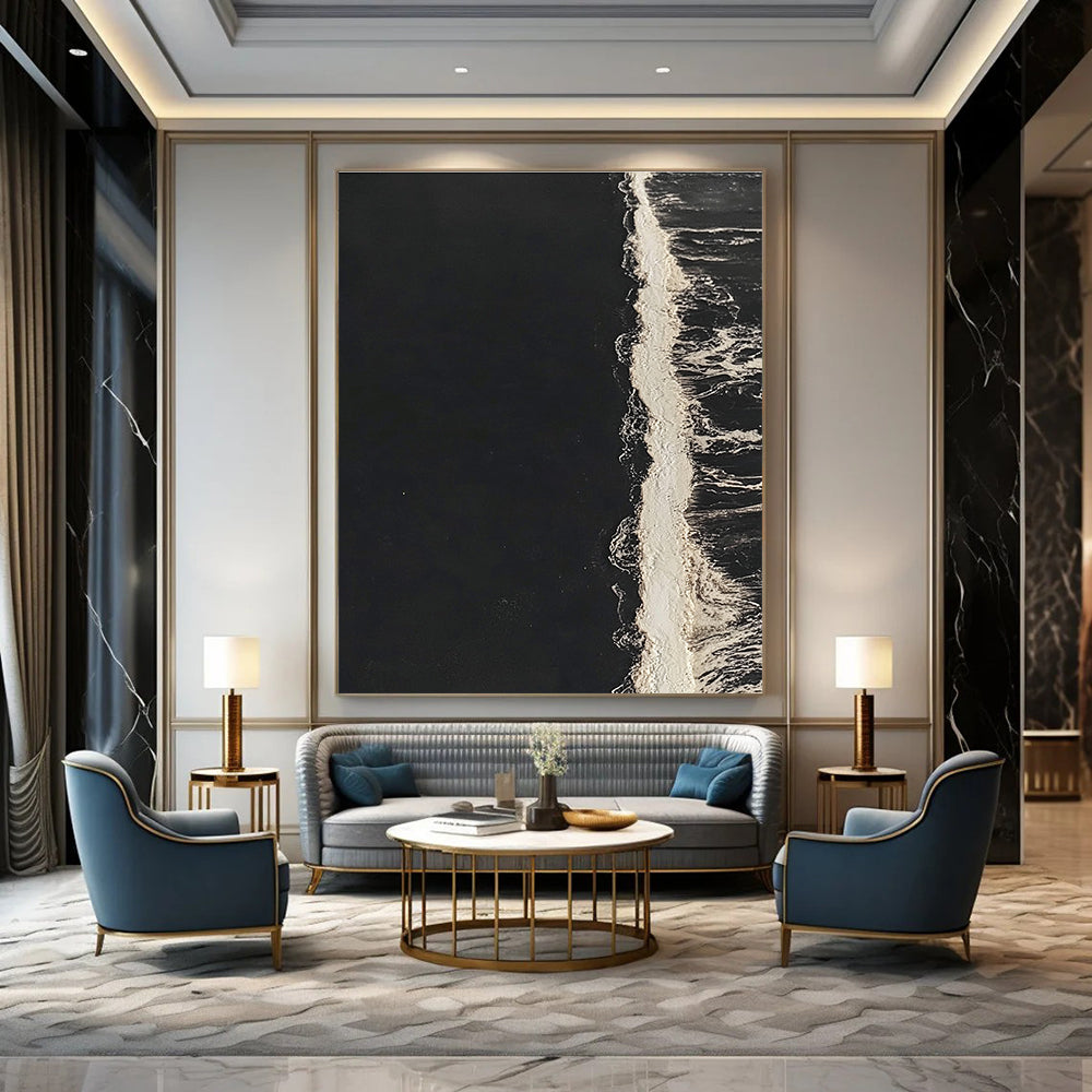 Black and White Wave Contrast Abstract Painting of Minimalist Motion GAB0181