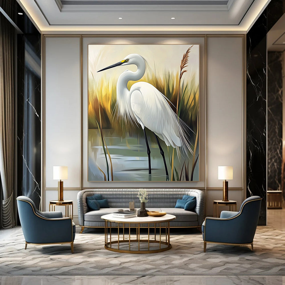 White Egret Realistic - Abstract Painting for Nature - Themed Home Offices GAB1331