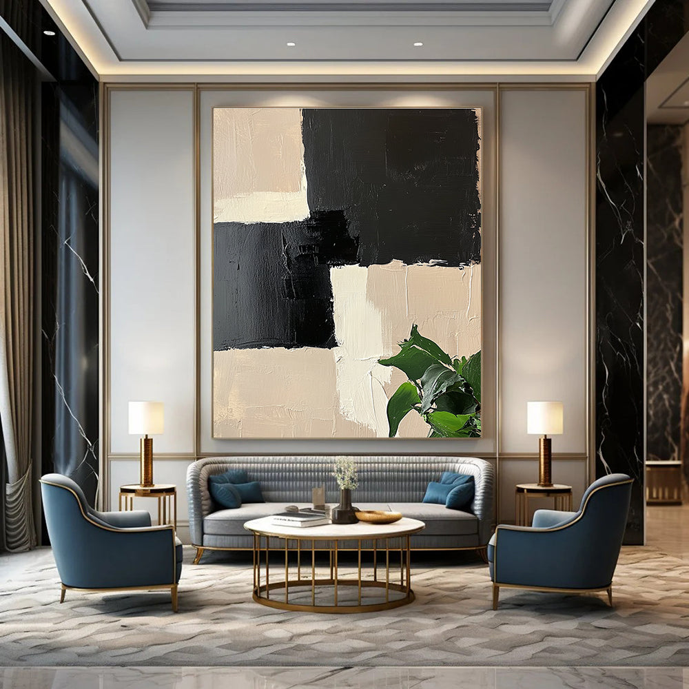 Beige and Black Geometric Abstract Painting with Textured Squares GAB0060