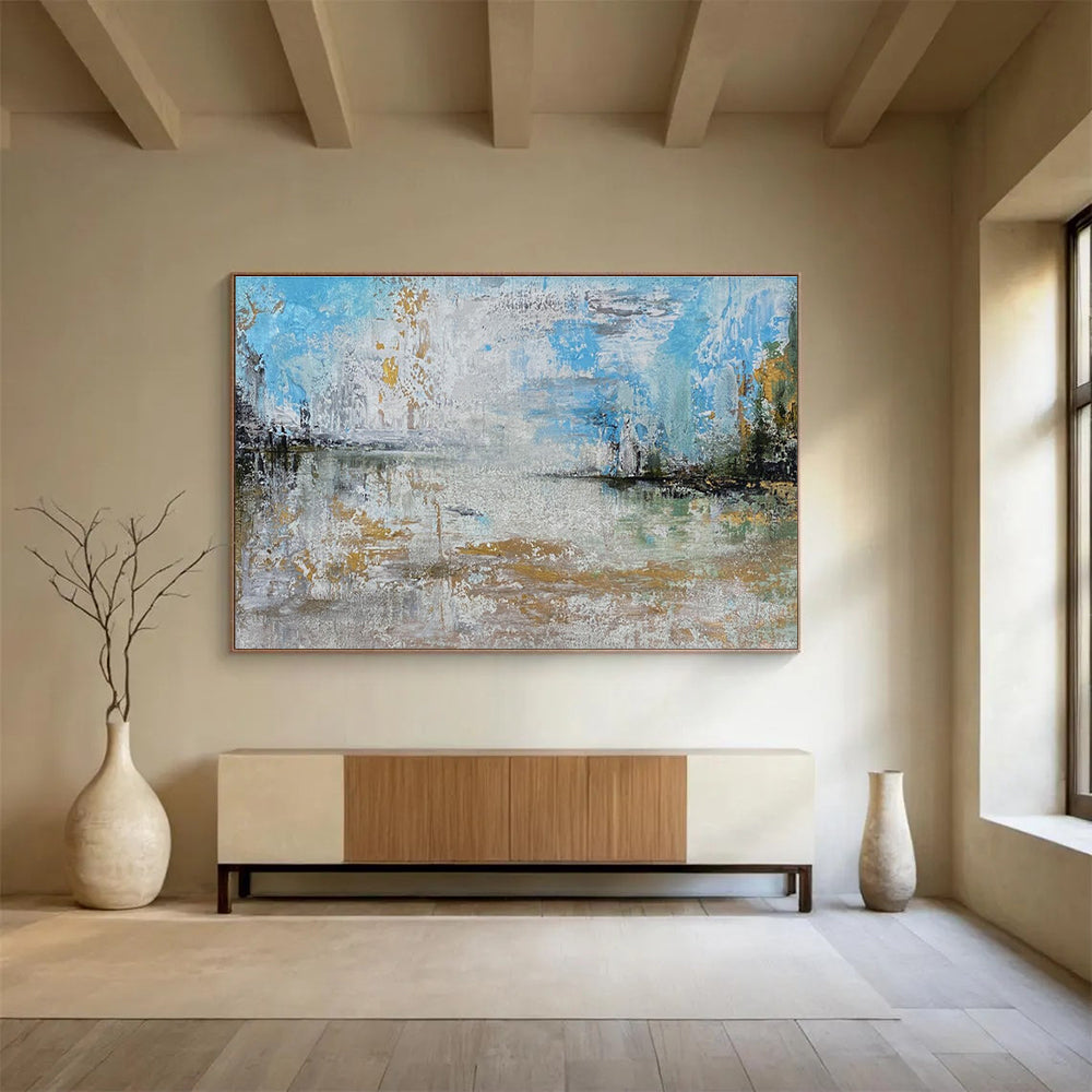 Light Blue and Gold Abstract Lake Painting for Lakeside Vacation Homes YHT348