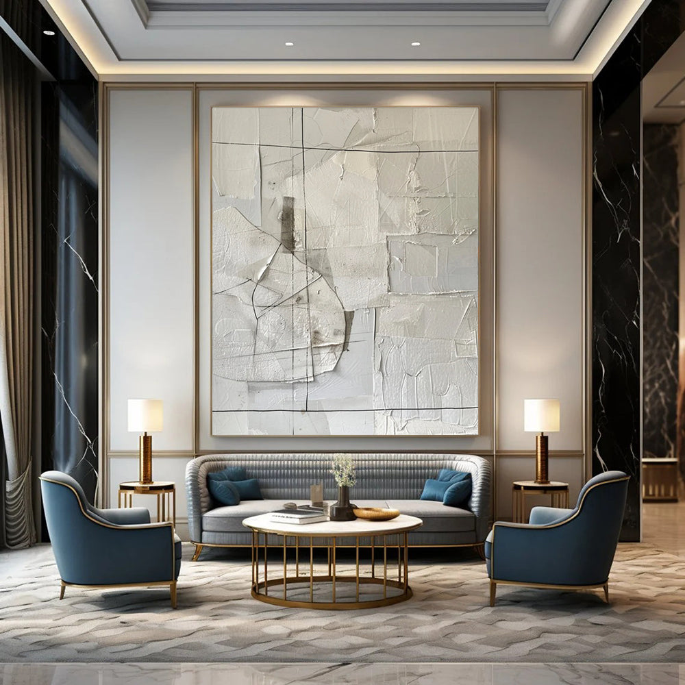 White Collage Abstract Painting for Modern Art Museum Installations HENG017