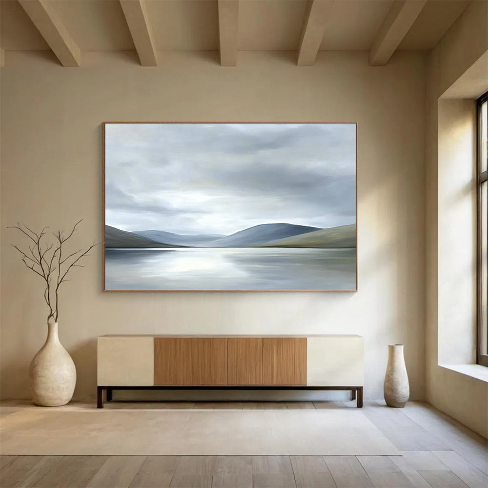 Gray Mountain Lake Abstract Painting with Muted Tones ABS290