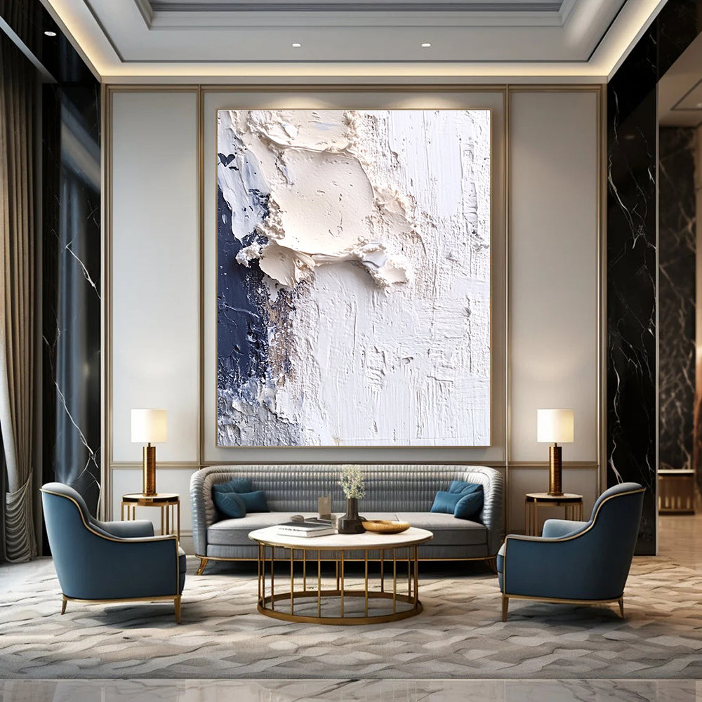Textured White and Blue Abstract Painting for Coastal - Inspired Cafes GAB1009