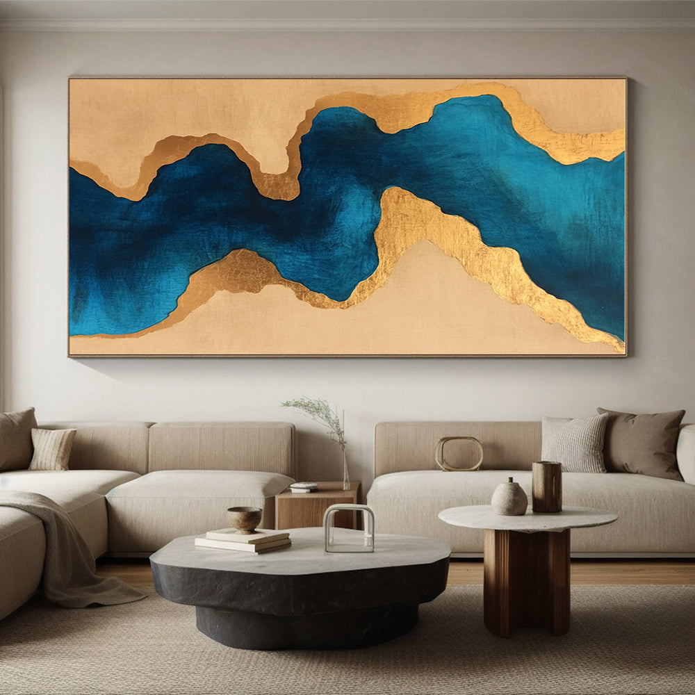 Blue and Gold Fluid Shapes Abstract Painting with Luxurious Flow WINK234