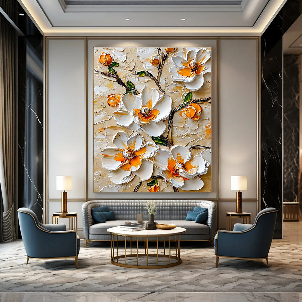 3D White Flowers with Orange Centers Textured Abstract Painting for Elegant Spaces GAB1442
