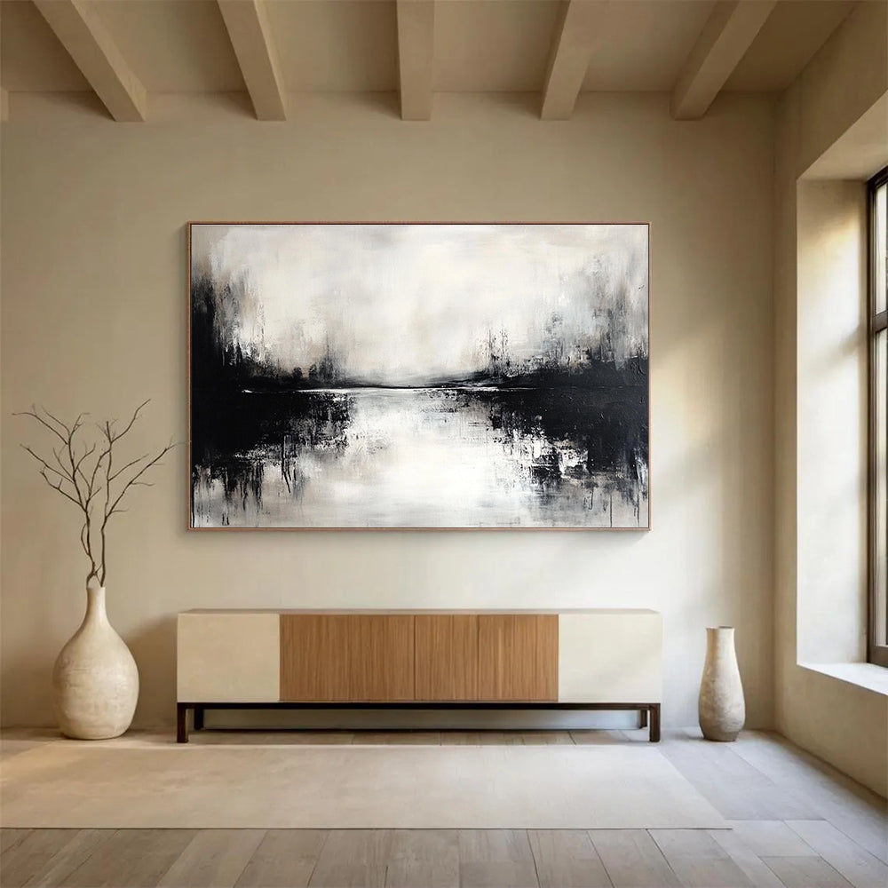 Monochrome Lake Scene: Moody Stillness in Black and White Abstract Painting ABS173