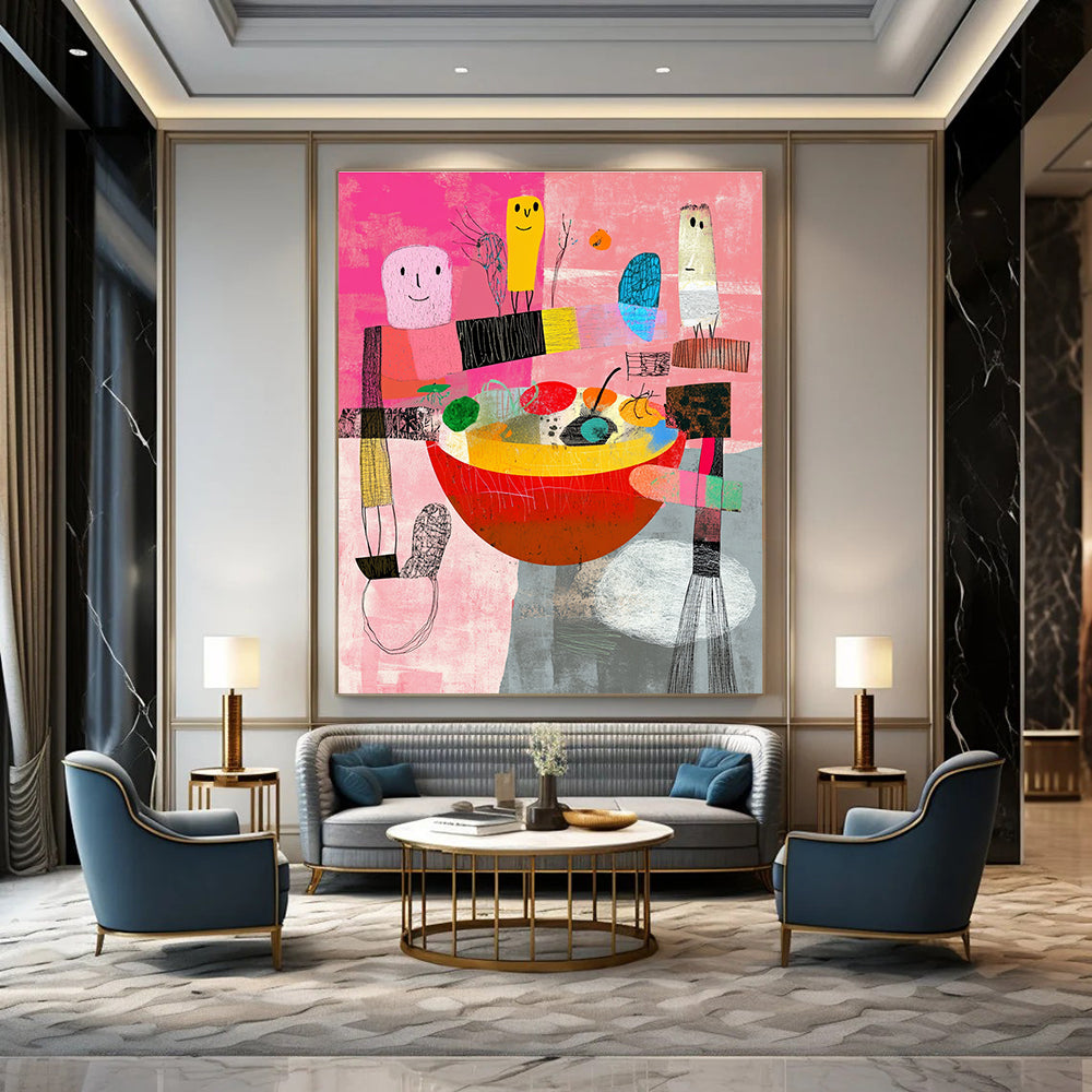 Pink and Colorful Figures Abstract Painting of Whimsical Gathering GAB0097