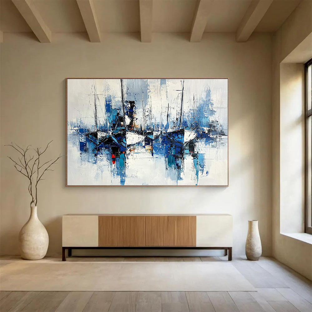 Blue - Toned Harbor Boats Scene Abstract Painting ABS191