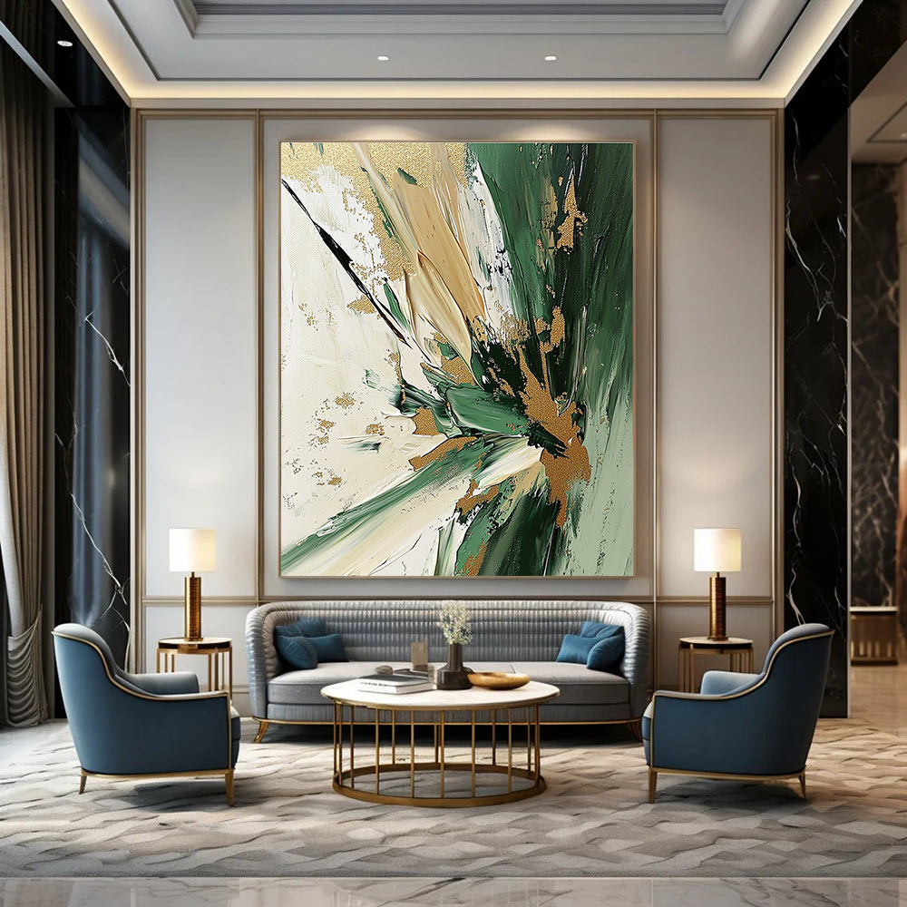 Textured Abstract Painting with Green and Gold Palette GAB0668