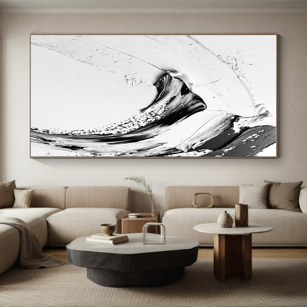 Curved Black - White Abstract Painting with Graceful Contrast WINK351