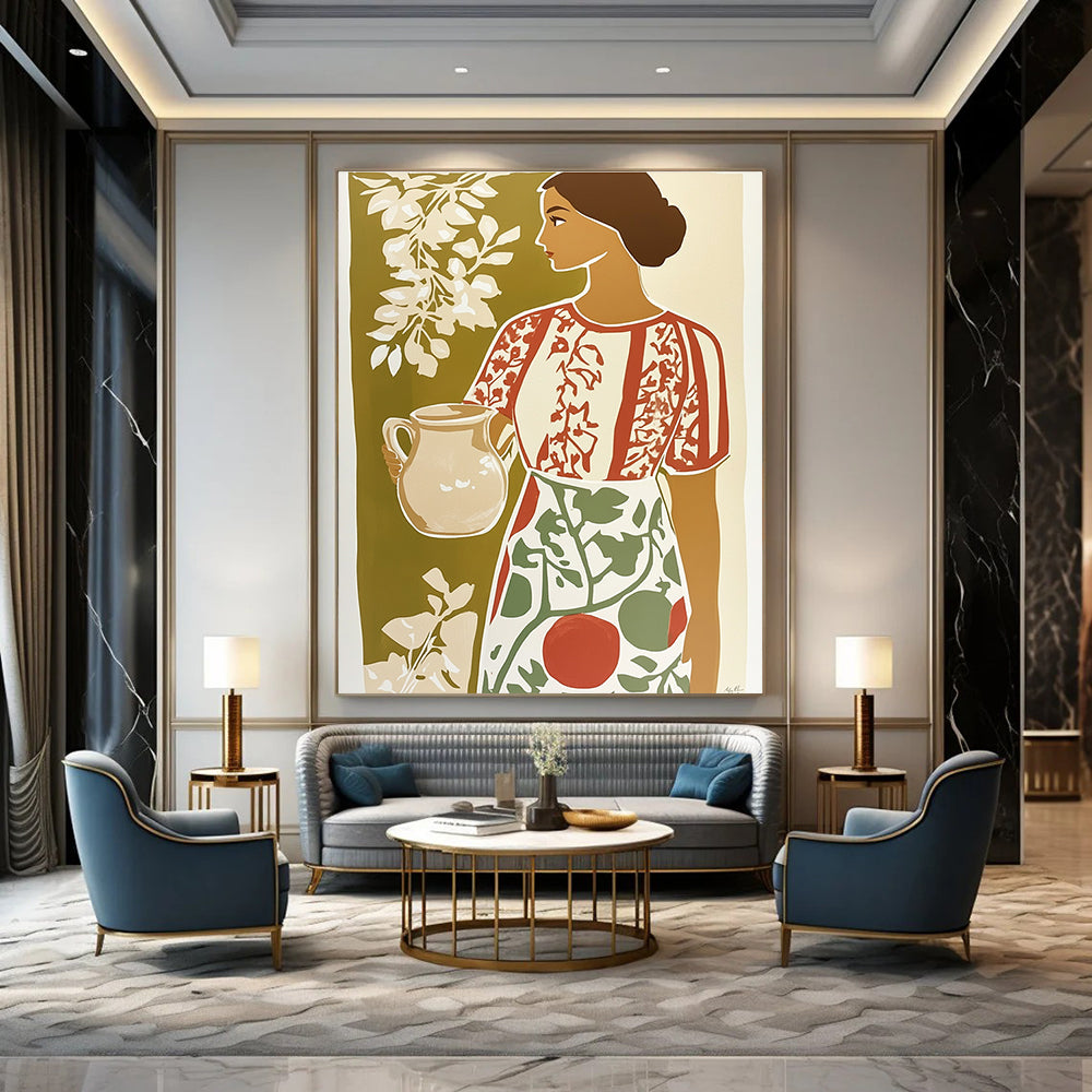 Woman with Jug Folk - Inspired Abstract Painting for Rustic Spaces GAB1460
