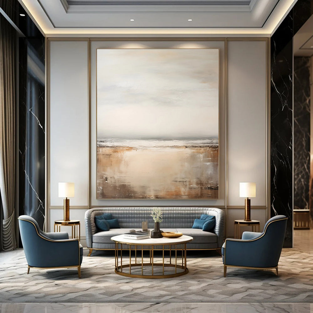 Neutral - Toned Seaside Abstract Painting for Coastal - Themed Spas HENG132