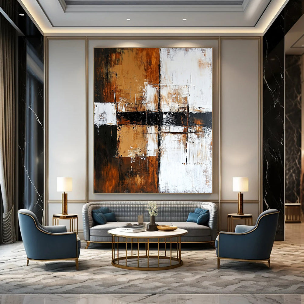 Brown and Black Grid - Patterned Abstract Painting for Industrial - Style Offices GAB0890