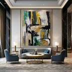 Gold and Green Abstract Painting for Sophisticated Office Receptions HENG468