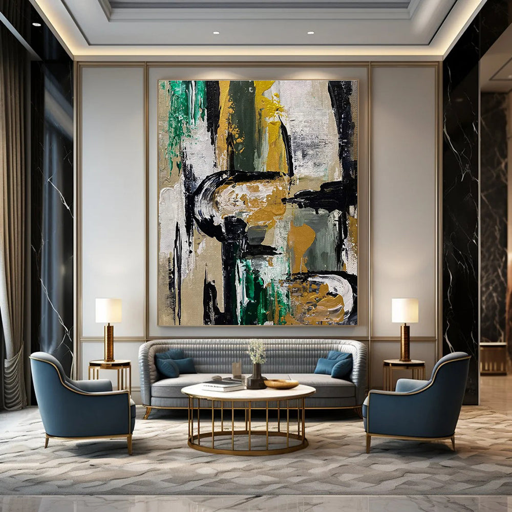Gold and Green Abstract Painting for Sophisticated Office Receptions HENG468