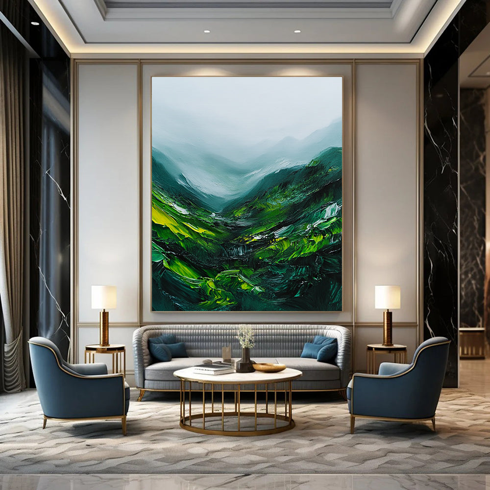Misty Green Mountains Abstract Painting for Nature - Inspired Retreats GAB1070