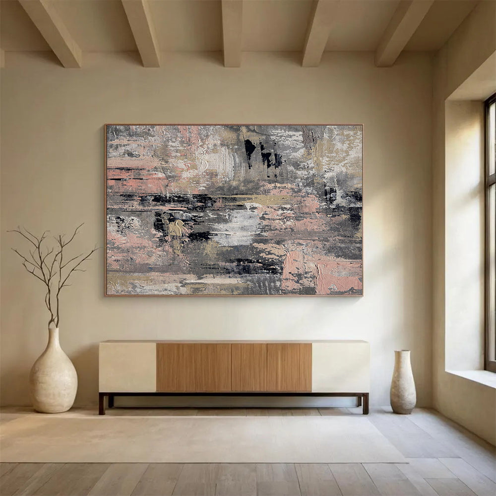 Gray - Pink Abstract Textures Painting for Minimalist Living Rooms YHT380