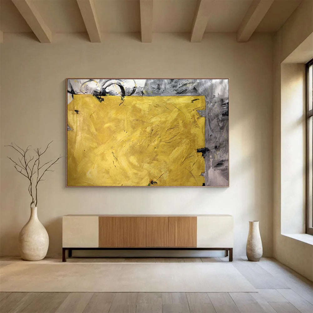 Bold Yellow Block Abstract Painting for High - Energy Spaces YHT153