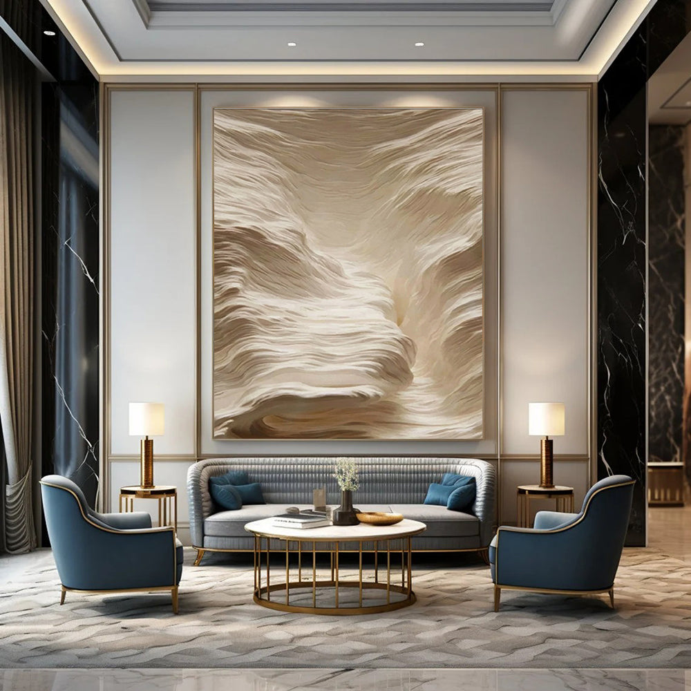 Textured Beige Waves Abstract Painting for Spa Reception Areas HENG023