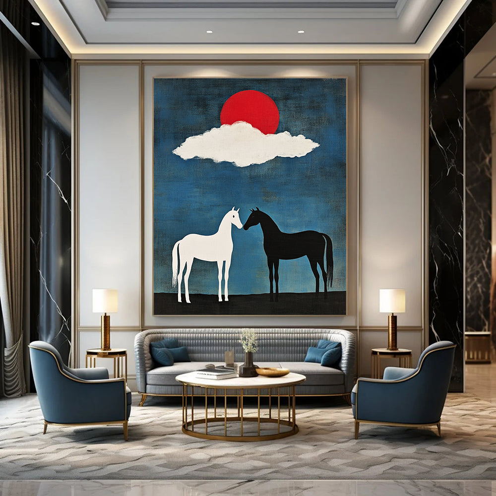 Symbolic Black and White Horses Under Red Sun Abstract Painting GAB0035