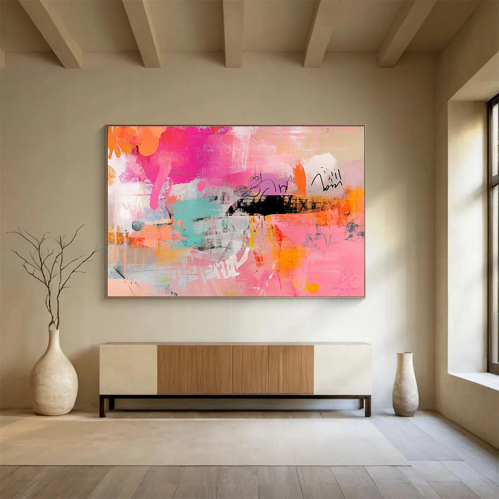 Pink and Orange Abstract Expression Painting with Bold, Spontaneous Marks ABS467