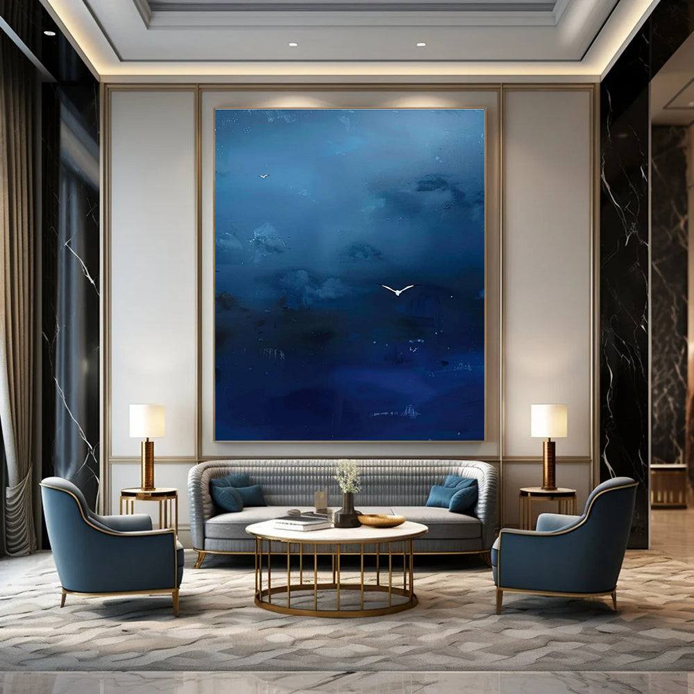 Blue Sky with White Birds Abstract Painting for Coastal Home Offices HENG507