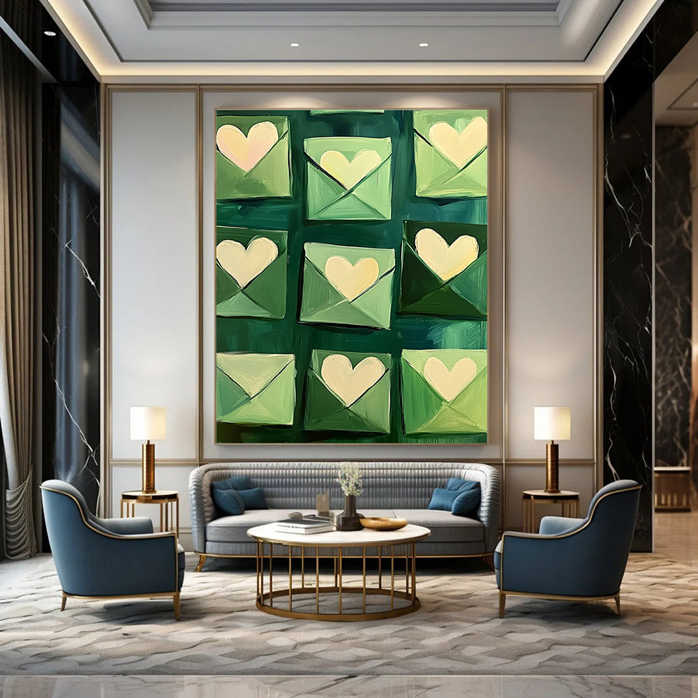 Green Envelopes with Hearts Whimsical Abstract Painting for Romantic Spaces GAB1436